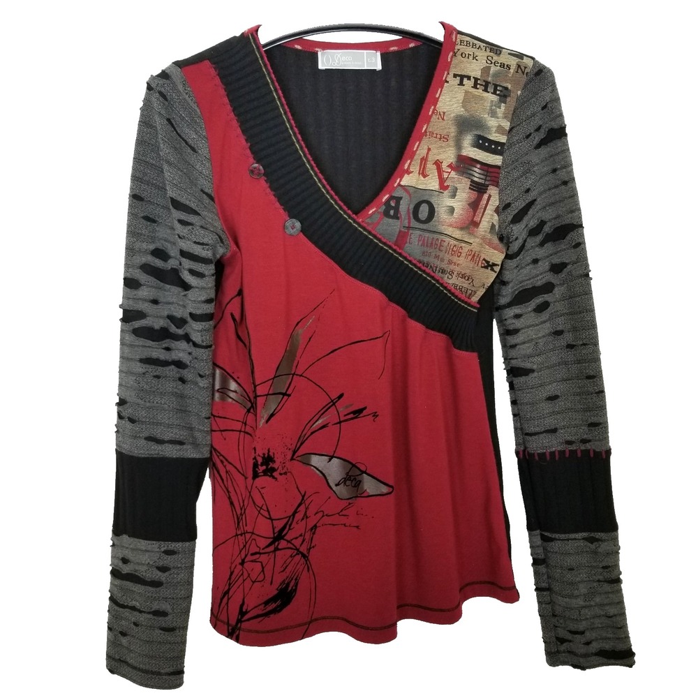 Deca de Vous a Nous Women Artsy Boho Top ‎ Sz 3 US M Mixed Print Pullover Y2K